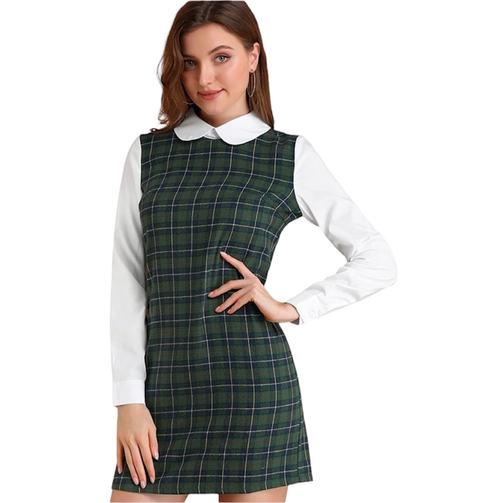 ALLEGRA K LONG SLEEVE PETER PAN COLOR GREEN/BLUE PLAID DRESS